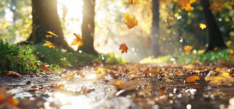 Autumn forest floor with falling leaves sunlight and wet ground photo