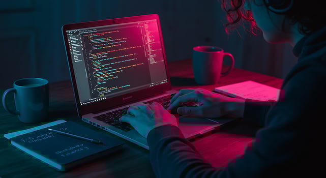 Female Programmer Coding in Dark Room with Neon Pink and Blue Lighting photo