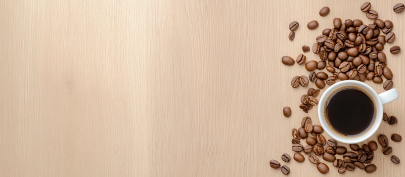 Coffee cup and beans overhead flat lay with copy space on light wood surface photo
