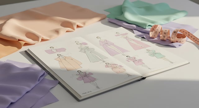 Fashion Designer Sketchbook with Colorful Fabric Swatches and Measuring Tape in Creative Studio photo