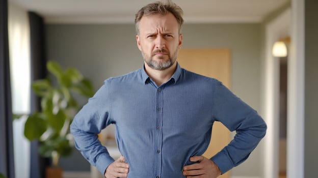 Concerned man indoors with hands on hips expressing worry or frustration photo