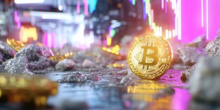 Conceptual cryptocurrency investment with gold coin and stock market chart photo