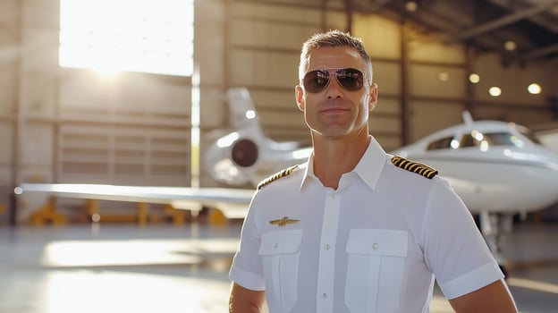 Confident airplane pilot in hangar with private jet aviation travel photo