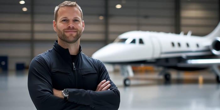 Confident man with private jet in hangar airplane aircraft photo