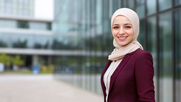 Confident professional woman in business attire smiling in front of modern office building photo