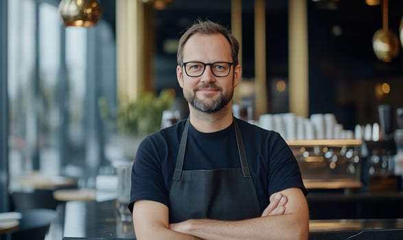 Confident restaurant employee portrait with apron in professional environment photo