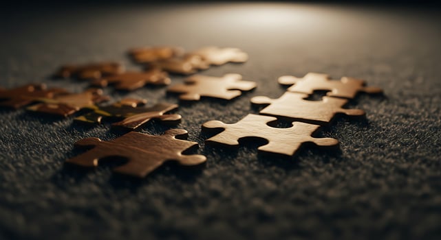 Wooden Puzzle Pieces on Dark Surface with Dramatic Lighting for Cognitive and Brain Training photo
