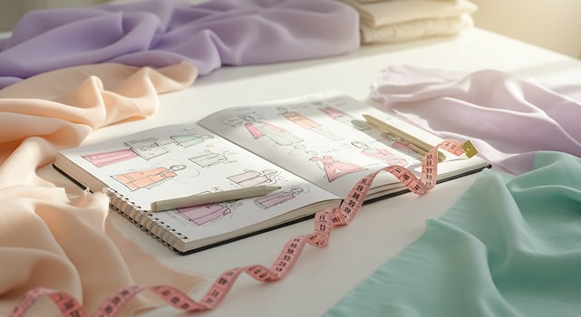 Open Fashion Design Sketchbook with Colorful Fabric Swatches and Measuring Tape on White Table photo