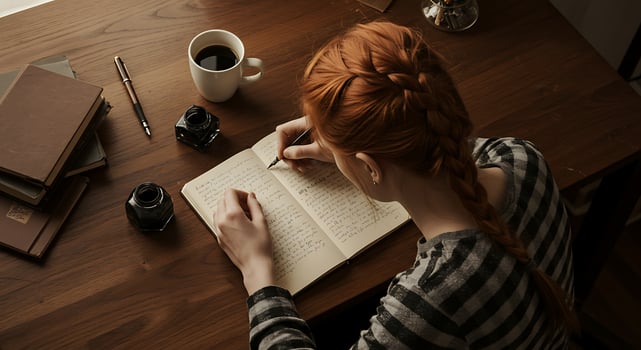 Red Haired Woman Writing in Notebook Sitting at Wooden Desk in Cozy Room photo