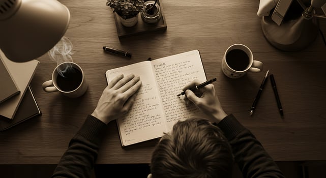 Person Writing in Notebook on Wooden Desk with Coffee and Office Supplies photo