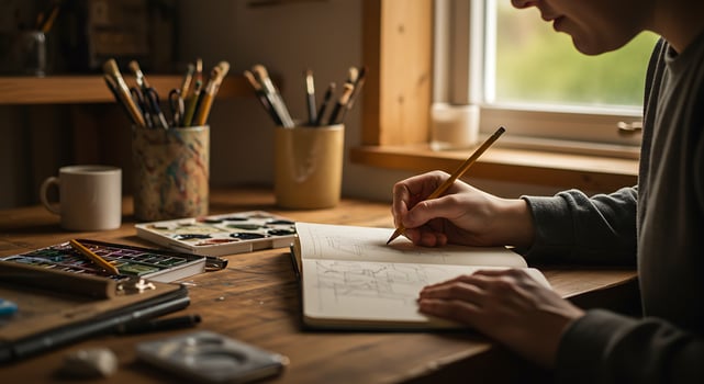 Person Drawing in Sketchbook on Wooden Desk with Art Supplies Near Window photo