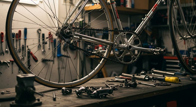 Bicycle Repair Workshop Scene with Metal Frame and Tools in Garage photo