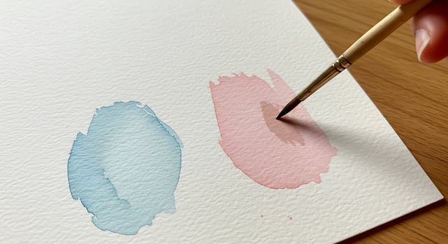 Artist Hand Painting Watercolor Blue and Pink Strokes on Textured Paper photo