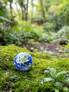 Earth globe on moss in forest environment and conservation concept photo