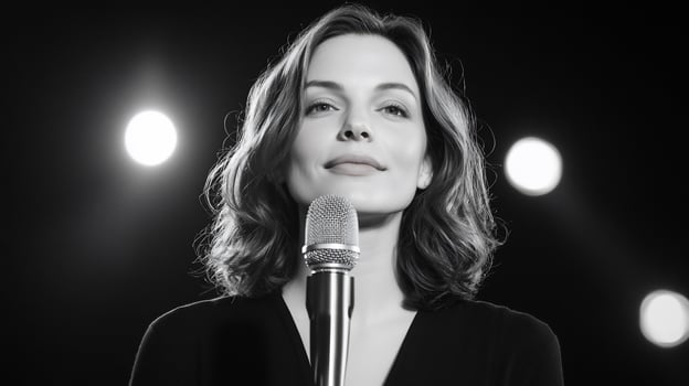 Elegant woman sings into microphone under spotlights black and white portrait photo