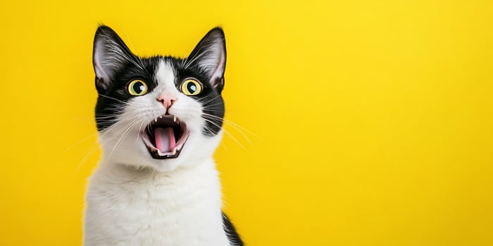 Expressive black and white cat with open mouth on vibrant yellow background photo