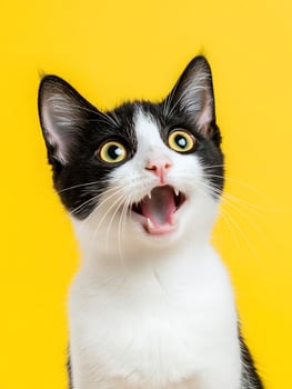 Expressive black and white cat with open mouth on yellow background photo