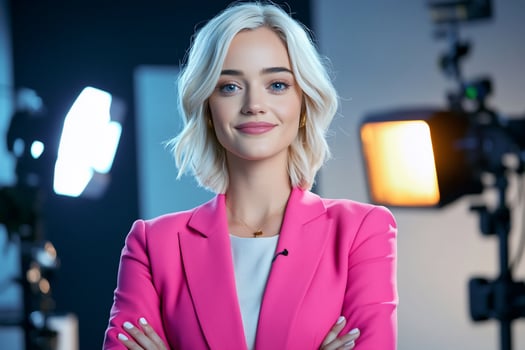 Female media professional in studio setting with lighting and cameras photo
