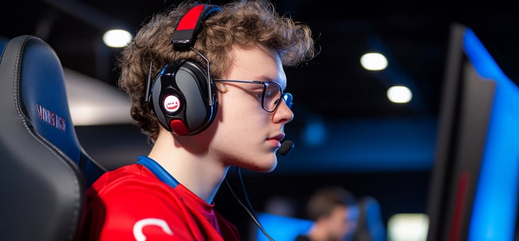 Focused young man playing online game wearing headset and glasses photo