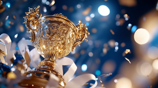 Golden trophy award with bokeh background celebration photo
