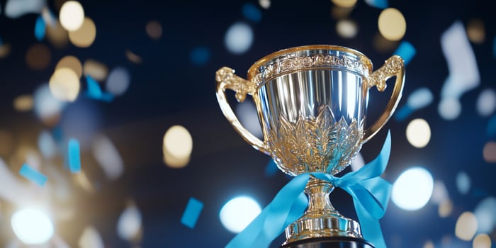 Golden trophy with blue ribbon shines in celebration of success and achievement photo