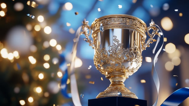 Golden trophy with ribbons confetti and lights symbolizing victory award and celebration photo