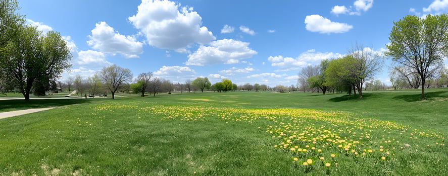 Green field with yellow wildflowers under a partly cloudy sky landscape panorama photo