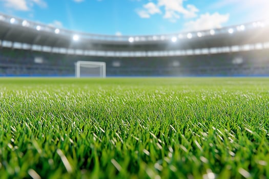 Green grass field in large empty stadium under bright sunlight photo