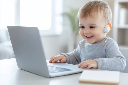 Happy toddler enjoying learning with laptop and headphones photo