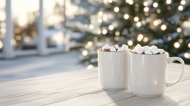 Hot chocolate with marshmallows on wooden table with christmas background photo