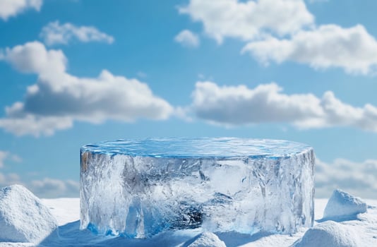 Ice block on snow with blue sky background texture cold winter scene photo