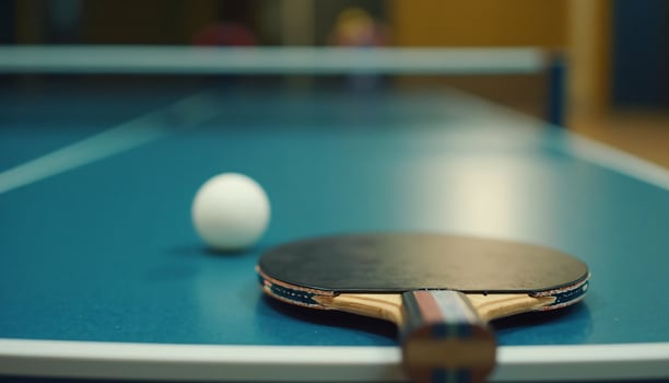 A ping pong table with a paddle and ball on it photo