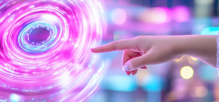 Interactive digital interface with glowing vortex and human touch concept photo