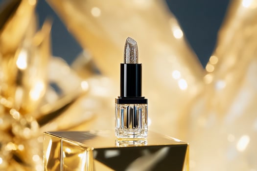 Luxurious lipstick with sparkling silver glitter on reflective golden surface for beauty advertising photo