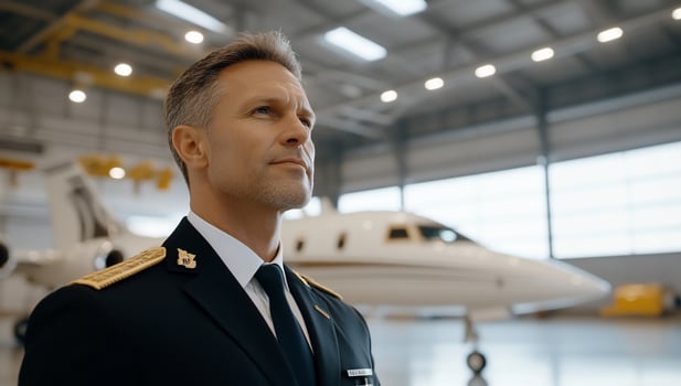 Man in aviation uniform posing with private airplane in hangar photo