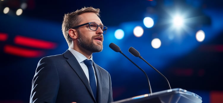 Man presenting behind podium with microphones public speaking engagement photo