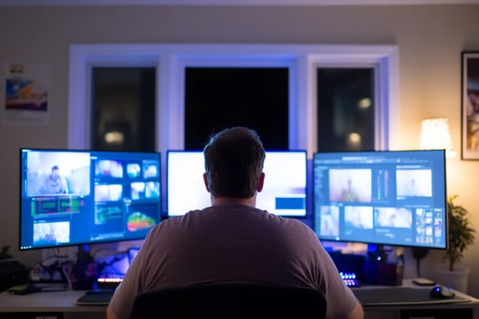 Man work at home editing on multiple computer screens photo