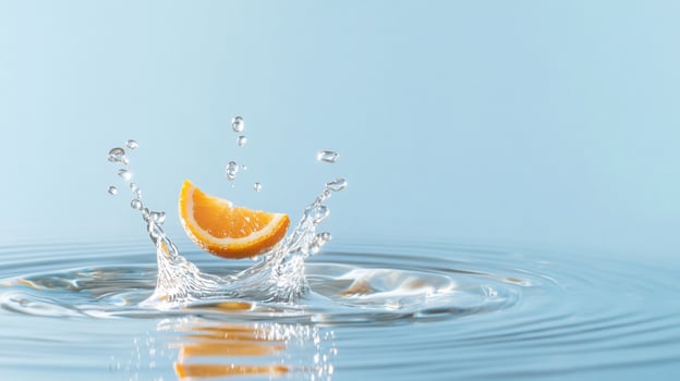Orange slice falling into water with splash effect close up photo