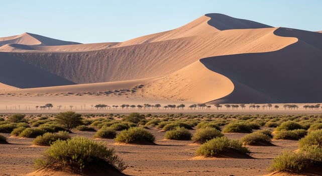 Namib desert dunes with camel caravan and sparse vegetation photo
