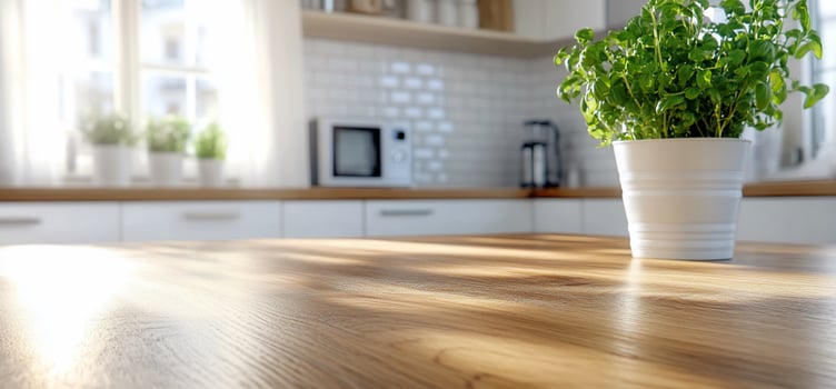 Plant on kitchen counter with sunlight and wooden texture for backgrounds photo