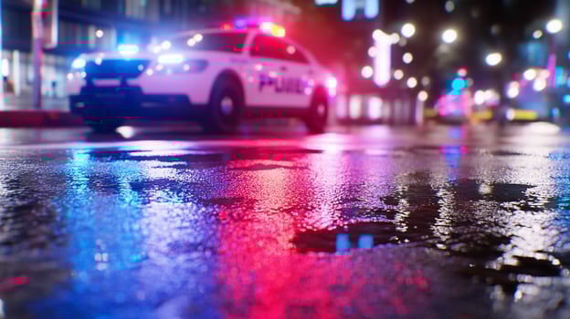 Police car emergency lights reflecting on wet city street at night photo