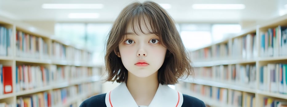 Portrait of a young person in a library with bookshelves focusing on education and literature photo