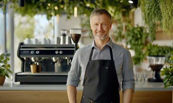 Professional barista at cafe smiling in modern coffee shop interior photo