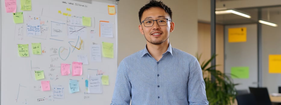 Professional person near whiteboard in office environment brainstorming ideas or visualizing project strategy photo