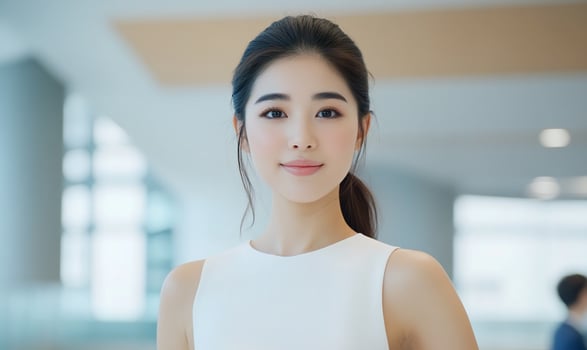 Professional portrait of young woman in white top business setting photo