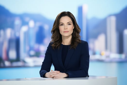 Professional woman at desk with cityscape backdrop business presentation photo