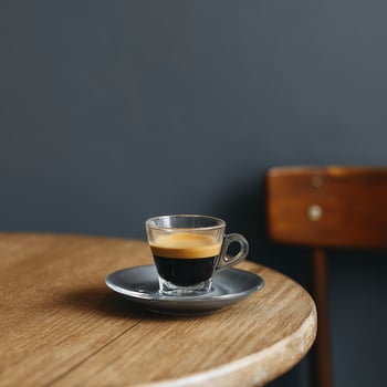 Espresso in glass cup with crema on top, placed on dark saucer on wooden table with dark background, evoking cozy and warm atmosphere photo