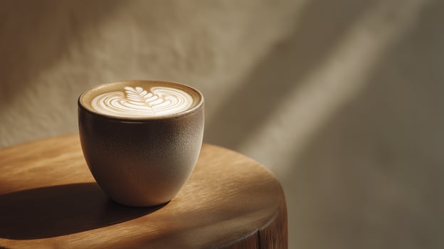 Ceramic cup of coffee with latte art sitting wooden table warm lighting creating cozy atmosphere close up shot minimalistic style morning mood photo