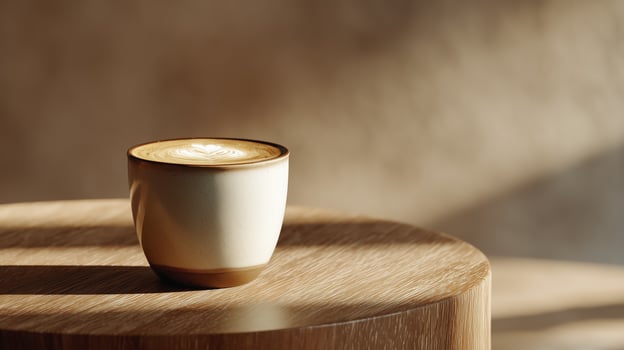 Ceramic cup with frothy coffee sitting on wooden table in warm light, creating cozy and inviting atmosphere, perfect for relaxing moment photo