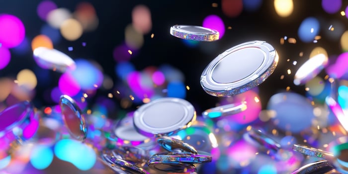 Scattered silver coins on vibrant bokeh background finance concept photo